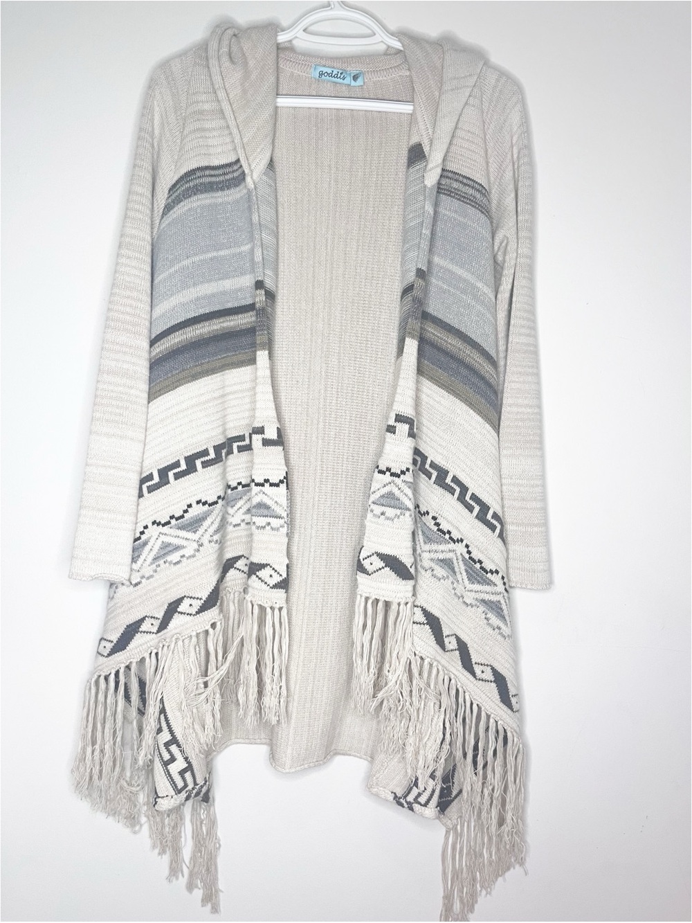 Goddis Boho Fringe Hooded Cardigan Sweater - Beige Gray